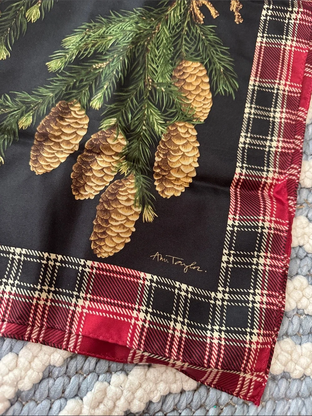 Vintage Ann Taylor Pinecone Tartan Plaid Scarf 20x20 Fall Holiday